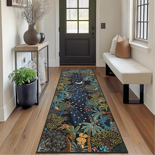 GarveeHome 2x6 Jungle Washable Runner Rug for Kitchen, Soft Animal Print Hallway Runner Non Slip Green Entryway Rug Farmhouse Laundry Mat Stain Resistant Carpet for Bedroom Bathroom