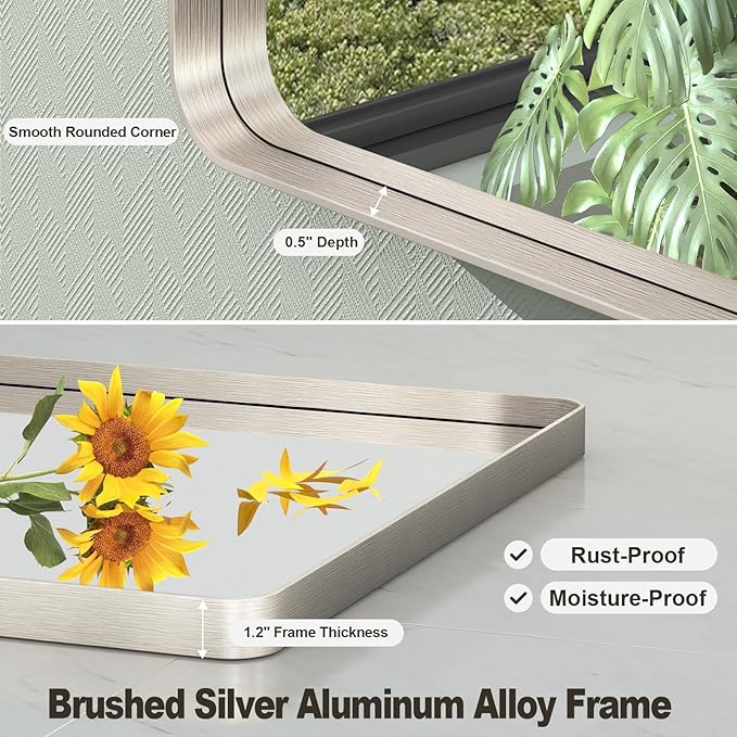 55x36 Inch Brushed Nickel Bathroom Mirror, Large Brushed Silver Metal Framed Wall Mirror, Rounded Corner Rectangle Modern Vanity Mirror, Tempered Glass, Anti-Rust, Shatterproof (Horizontal/Vertical)