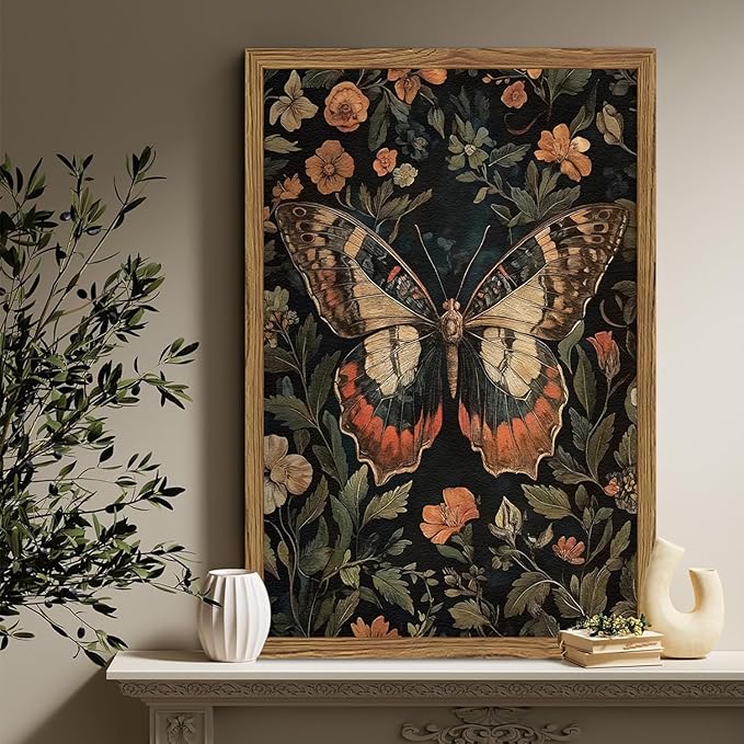 Framed Vintage Butterfly Wall Art, Dark Academia Flowers Insect Pictures Wall Decor Paintings, 3D Textured Sandstone Nature Botanical Prints for Living Room Bedroom Office Home Decor 12x16 inch