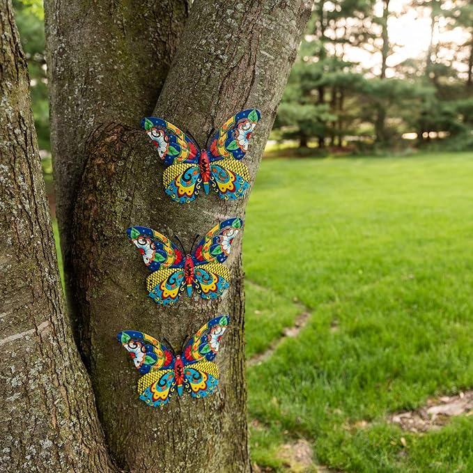 Schwousi Metal Butterfly Mexican Pottery Outdoor Decor, Talavera Garden Decor, Butterfly Wall Art Set of 3, Wall Sculpture Hanging Decorations for Garden Patio