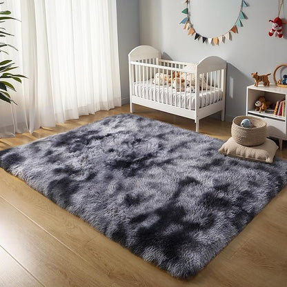 KICHOWUA Thick Area Rug 5x7 Dark Grey Fluffy Shag for Bedroom, Extra Soft Plush Fuzzy Washable Thickened Non-Slip Carpet, Modern Furry Shaggy Rug for Living Room Kids Nursery Dorm Room, Tie-Dye Gray