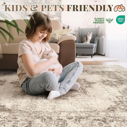 Area Rug 9x12 Vintage Rugs: Large Washable Indoor Medallion Rug Low Pile Distressed Floor Carpet Retro Accent Rugs for Living Room Bedroom Kitchen Dining Table Home Office(Taupe, 9'x12')