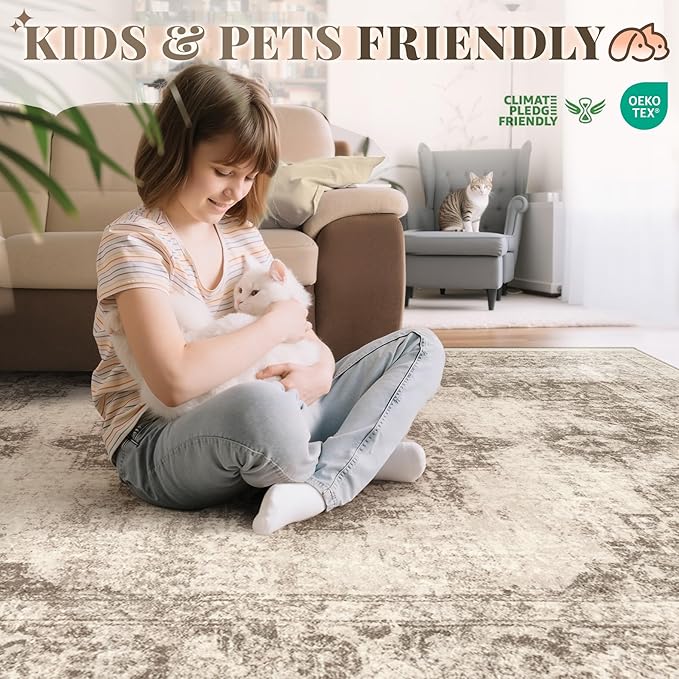 Area Rug 6x9 Vintage Rugs: Washable Indoor Medallion Rug Low Pile Distressed Floor Carpet Retro Accent Rugs for Living Room Bedroom Kitchen Dining Table Home Office(Taupe, 6'x9')