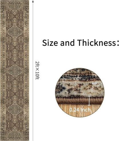 Non-Slip Runner Rugs for Hallway: 2x10 Washable Long Rug for Entryway Kitchen Bathroom Bedroom Indoor - Vintage Home Decor Mat Carpet - Brown