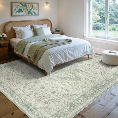Rugxara 5X7 Washable Area Rug for Living Room, Vintage Large Boho Rugs for Office, Dining Room, Kids Room, Farmhouse, Durable Low Pile Non Slip Carpet for High Traffic Areas, Sage Green