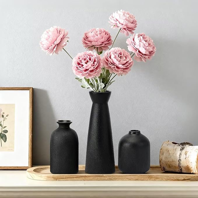 Black Ceramic Flower Vases Set of 3, Valentine's Day Gift Vases with Vertical Stripe Texture, Modern Decorative Vases for Dried Flowers, Home Decor Vases for Living Room Bedroom Kitchen Shelf