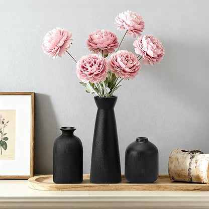 Black Ceramic Flower Vases Set of 3, Valentine's Day Gift Vases with Vertical Stripe Texture, Modern Decorative Vases for Dried Flowers, Home Decor Vases for Living Room Bedroom Kitchen Shelf