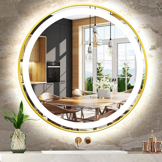 30 Inch Gold Round Vanity Mirror with Lights Gold Frame Circle Lighted Mirror for Bathroom Salon Wall 30" Golden Circle Round LED Light up Mirrors Smart Touch Memory 3 Color Dimmable AntiFog