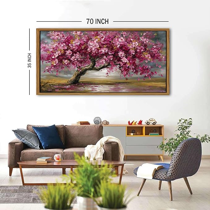 Large Tree of Life Wall Art Vintage Pink Flower Framed Wall Decor for Living Room Abstract Landscape Painting Canvas Prints Retro Nature Texture Picture Bedroom Kitchen Corridor Home Decoration 35x70