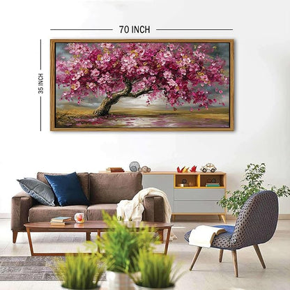 Large Tree of Life Wall Art Vintage Pink Flower Framed Wall Decor for Living Room Abstract Landscape Painting Canvas Prints Retro Nature Texture Picture Bedroom Kitchen Corridor Home Decoration 35x70