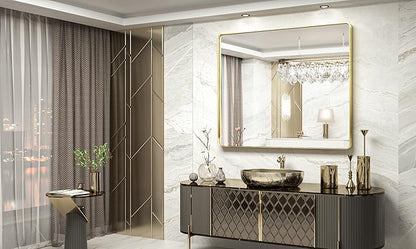 TokeShimi 48x40 Inch Brushed Gold Bathroom Vanity Mirror for Wall with Non-Rusting Aluminum Alloy Metal Frame Rounded Corner for Farmhouse Modern Home Decor (Horizontal/Vertical)