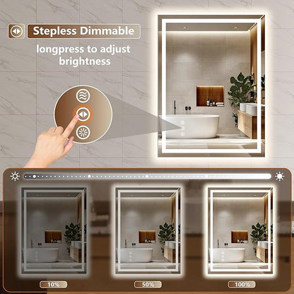 28x36 Inch LED Lighted Bathroom Mirror - Anti-Fog Vanity Mirror with Dimmable Front & Backlit, 3 Color Temp, Smart Memory - Shatterproof HD Glass, IP54 Waterproof Wall Mounted for Makeup Shaving