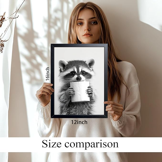 XYHYRA Bathroom Wall Art, Cute Black and White Raccoon Canvas Prints Poster, Funny Animal Decor Oil Painting, Modern Farmhouse Picture Artwork for Bathroom Toilet Wall Decor 12X16 Inch Framed