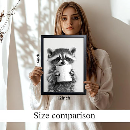 XYHYRA Bathroom Wall Art, Cute Black and White Raccoon Canvas Prints Poster, Funny Animal Decor Oil Painting, Modern Farmhouse Picture Artwork for Bathroom Toilet Wall Decor 12X16 Inch Framed