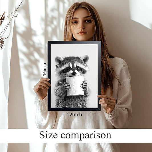 XYHYRA Bathroom Wall Art, Cute Black and White Raccoon Canvas Prints Poster, Funny Animal Decor Oil Painting, Modern Farmhouse Picture Artwork for Bathroom Toilet Wall Decor 12X16 Inch Framed