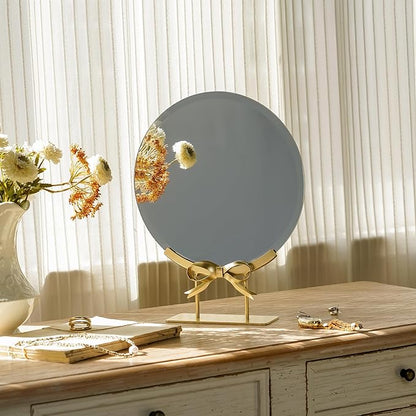 Golden Round Makeup Mirror with Bow Stand - Detachable Base French-Inspired Elegant Tabletop Luxury Vanity Mirror for Living Room, Bedroom, 10.04 x 12.6 Inches