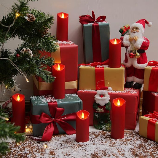 Homemory Christmas Flameless Candles, Battery Operated Candles with Remote Timers, Electric Fake Candles for Home, Christmas Decoration, Made of Plastic, Red/Burgundy, Set of 9