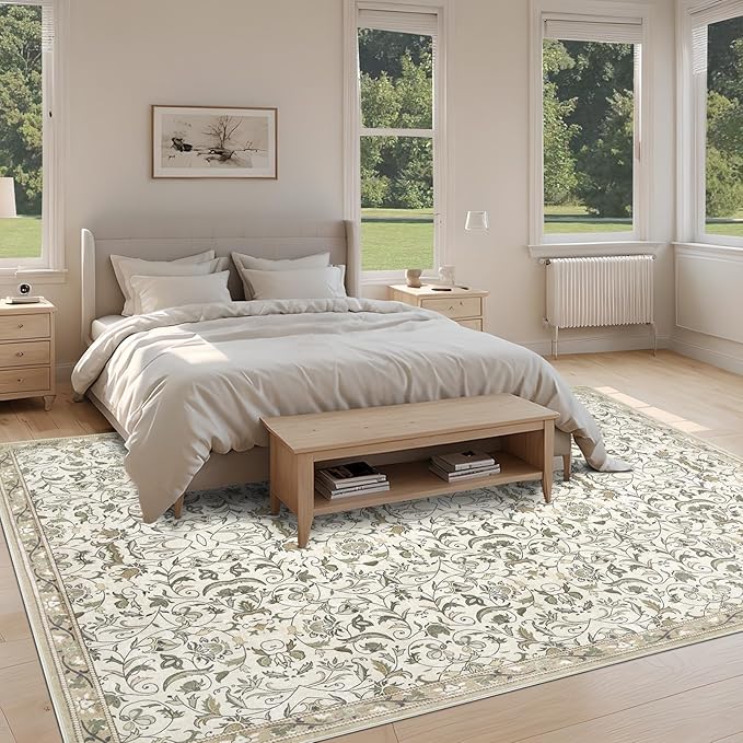 8×10 Washable Large Area Rugs for Living Room, Floral Soft Rug Non Slip Stain Resistant Carpet for Bedroom Dining Room Kitchen Farmhouse Home Decor，Beige Multi 061