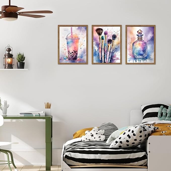 Framed Teen Girls Bedroom Wall Art Set of 3, Pink and Purple Splash Canvas Prints, Makeup Enthusiast Pictures Posters, Drinks Cosmetic Wall Decor for Teenage Girl Room Decor – 16x24 inch