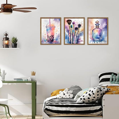 Framed Teen Girls Bedroom Wall Art Set of 3, Pink and Purple Splash Canvas Prints, Makeup Enthusiast Pictures Posters, Drinks Cosmetic Wall Decor for Teenage Girl Room Decor – 16x24 inch