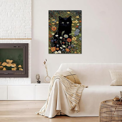 Framed Cat Canvas Wall Art, Funny Black Cat Picture Wall Decor, Animal In Garden Flowers Prints Poster for Bathroom Bedroom Living Room Gallery Decor 12x16 inch