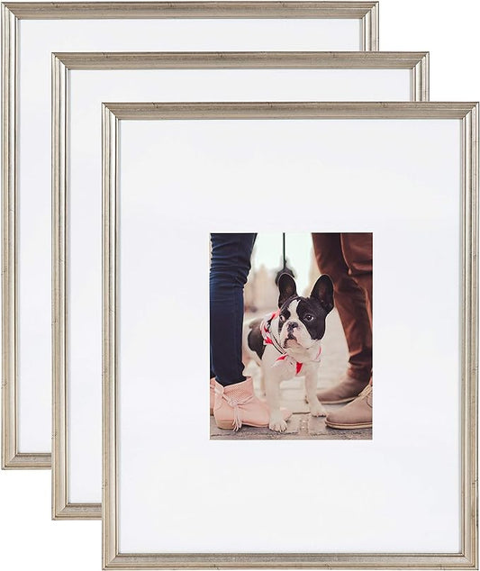 Kate and Laurel Adlynn Wall Picture Frame Set, 16" x 20" matted to 8" x 10", Warm Silver, Set of 3