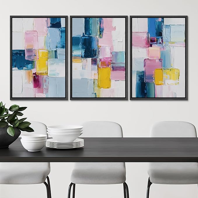 SIGNLEADER Framed Canvas Print Wall Art Set Vibrant Colorful Block Abstract Bold Pink Blue Illustrations Minimal Decorative Bohemian Nordic for Living Room, Bedroom, Office - 24"x36"x3 BLACK