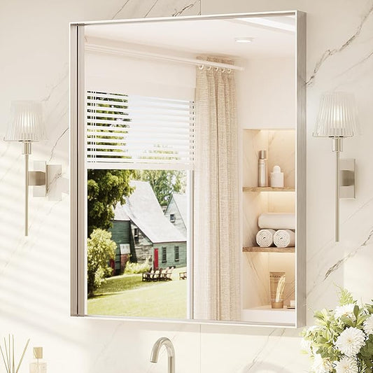 TETOTE Brushed Nickel Mirror 30" x 36" Bathroom Vanity Mirror for Over Sink Brushed Nickel, Tempered Glass, Modern Farmhouse Rectangle Frame Wall Mirrors for Bathroom, Bedroom, Entryway, Living Room