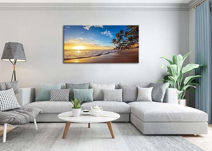 Beach Sunset Large Wall Art Tropical Palm Tree Canvas Paintings Coastal Landscape Pictures Wall Decor for Living Room Ocean Seascape Poster Nature Painting for Bedroom Office Home Decor 20x40 Inches