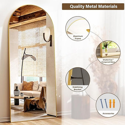 XRAMFY 24x68 Arched Full Length Mirror Floor Mirrors with Aluminum Alloy Frame Free-Standing Wall Mounted Floor Mirrors or Large Dressing Mirror, Gold Mirror Full Length
