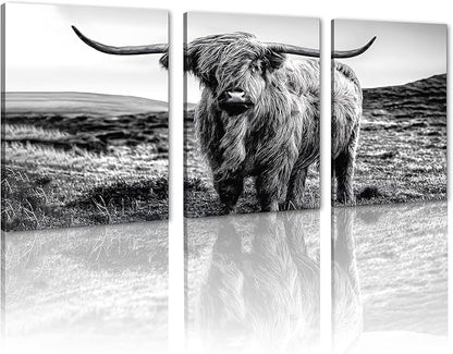 Yatsen Bridge Vintage Highland Cow Canvas Wall Art Black and White Hairy Cow Poster Farmhouse Animal Rustic Art Wall Decor for Apartment Living Room Bedroom Country House Decor 12x16inchx3pcs