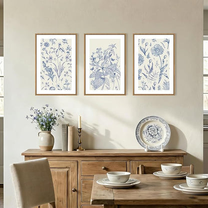 KAIRNE Navy Blue and White Floral Framed Canvas Wall Art Set,Chinoiserie Flower Wall Decor,Watercolor Botanical Art Prints,Modern Wildflower Artwork for Living Room,Bedroom,Farmhouse,Office-24 x36 x3