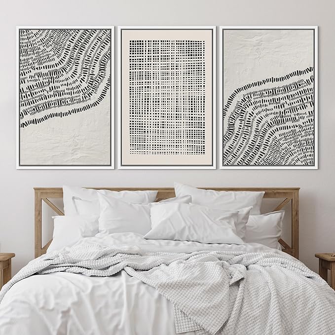 SIGNLEADER Framed Canvas Print Wall Art Set Minimalist Black and White Geometric Abstract Pattern and Line Illustrations Boho Decorative for Living Room, Bedroom, Office - 16"x24"x3 WHITE