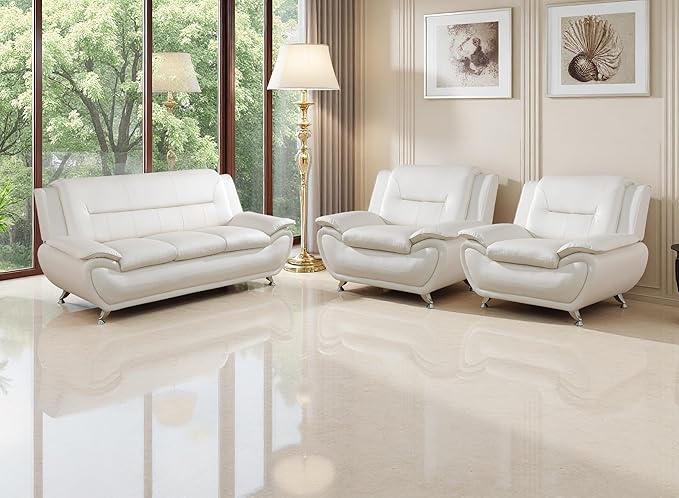 Living Room Furniture Sets, Creamy White Leather Sofa Couch for Apartment, Living Room Sofa Couches and 2 Chairs for Bedroom, Office