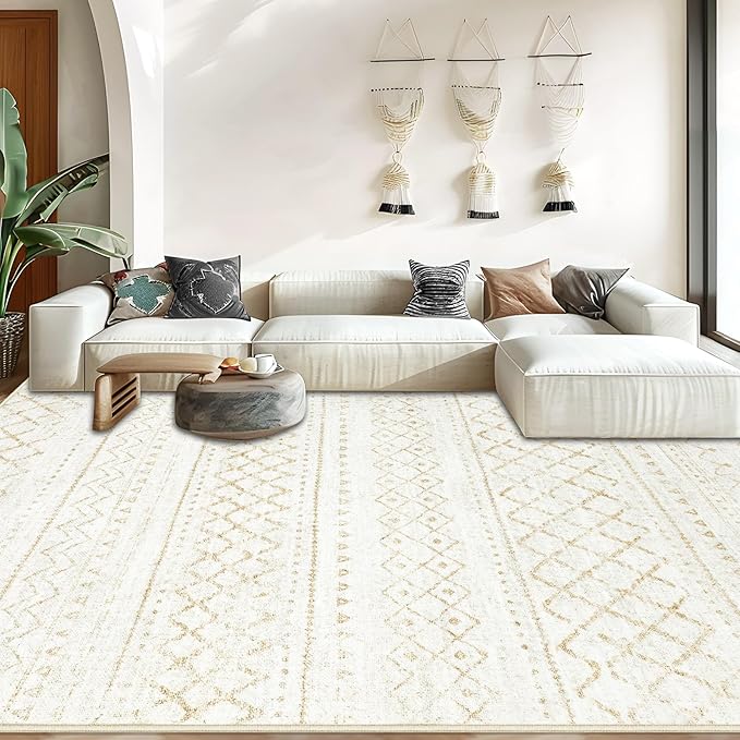 Area Rug for Living Room 10x14: Large Washable Boho Moroccan Rugs Geometric Neutral Rug, Non-Slip Foldable Morden Farmhouse Indoor Floor Carpet for Bedroom Dining Room Home Office（Beige,10'x14'）