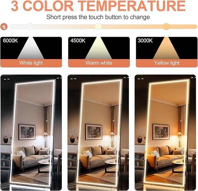 79" x 36" Full Length Mirror with Lights, Large LED Lighted Floor Standing Body Mirror, Dimmable & 3 Color Lighting for Bedroom, Cloakroom, Dressing Room, Tempered Glass, Black Frame