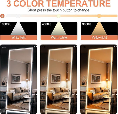 79" x 36" Full Length Mirror with Lights, Large LED Lighted Floor Standing Body Mirror, Dimmable & 3 Color Lighting for Bedroom, Cloakroom, Dressing Room, Tempered Glass, Black Frame