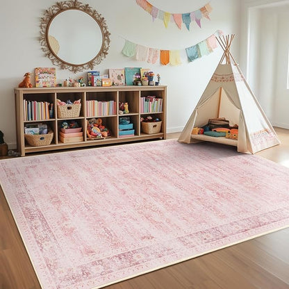 Large Pink Living Room Rug 9x12, Aesthetic Distressed Area Rugs for Bedroom Girls Playroom, Washable Non Slip Nursery Rug Stain Resistant, Low Pile Thin Carpet Rug for Dining Room Home Office