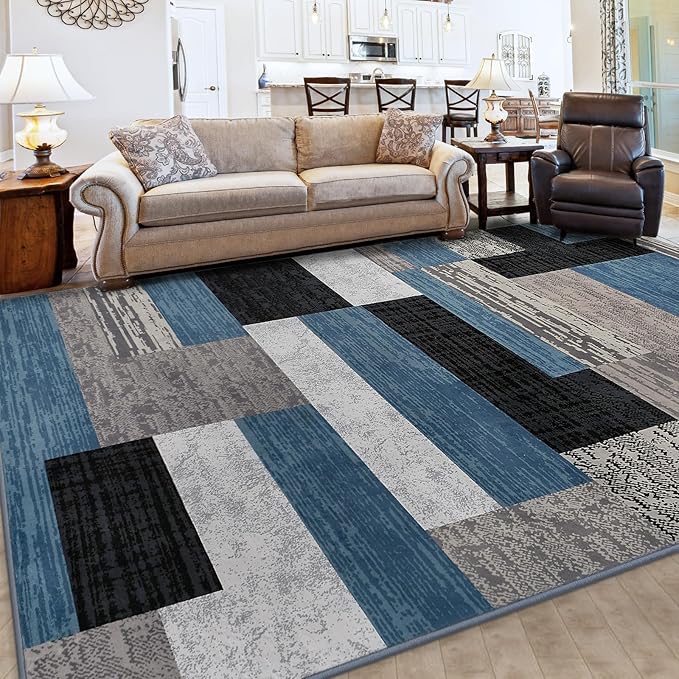 FlyDOIT Modern Geometric Patchwork Area Rug, 8x10 Blue Large Rugs for Living Room, Rockwood Collection Indoor Rugs for Bedroom, Throw Carpet Floor Decor for Entryway Dining Room Office Nursery