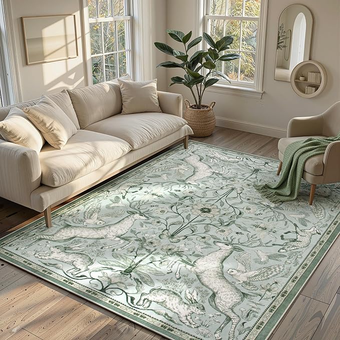 Lahome 5x7 Washable Deer Rug, Dorval Boho Woodland Botanical Area Rug, Non Slip Low Pile Soft Light Green Carpet for Living Room Bedroom Nursery Dining Room Home Office Decor