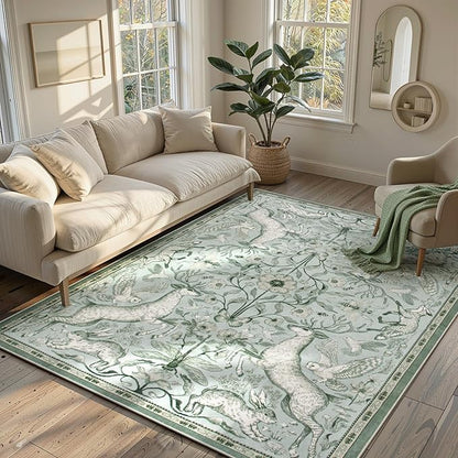Lahome 5x7 Washable Deer Rug, Dorval Boho Woodland Botanical Area Rug, Non Slip Low Pile Soft Light Green Carpet for Living Room Bedroom Nursery Dining Room Home Office Decor