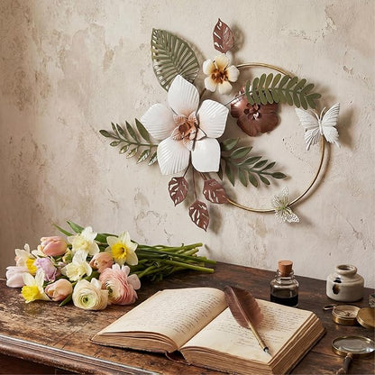 3D Metal Flower Wall Decor - 13.78'' Gold Circle Floral Wall Art with Green Tropical Leaves and Butterflies, Modern Boho Rustic Hanging Sculpture for Living Room Bedroom Bathroom Entryway Kitchen