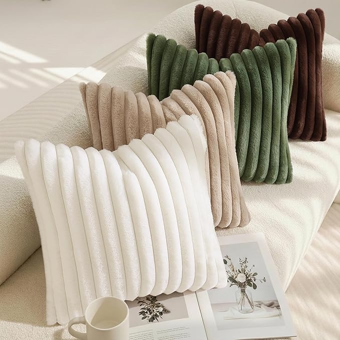 decorUhome Summer Cozy Faux Fur Throw Pillow Covers 24x24 Set of 2 Decorative Plush Striped Modern Farmhouse Boho Couch Euro Sham Pillow Cases with Velvet Back for Sofa Bed Living Room, Cream White
