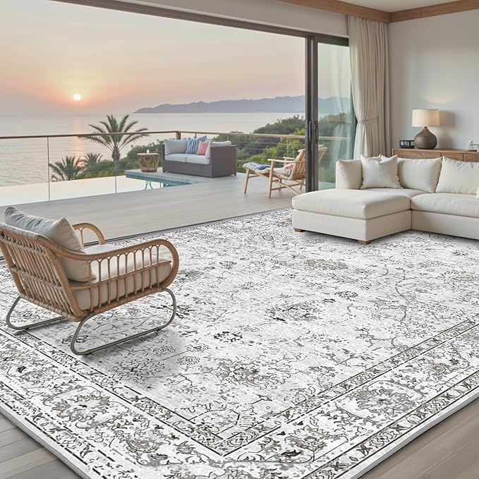 Grey White Area Rugs 10x14 for Living Room, Non Slip Machine Washable Floral Rugs, Low Pile Lightweight Large Rug for Bedroom, Dining Room, Home Office