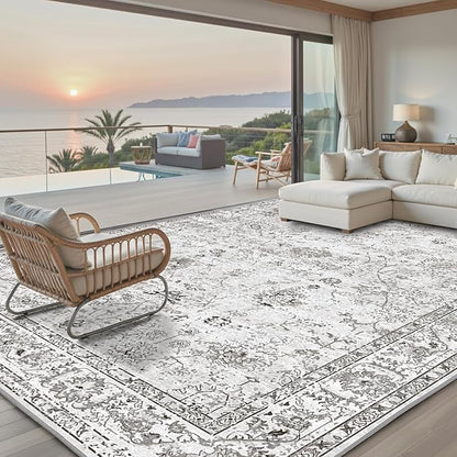 Grey White Area Rugs 10x14 for Living Room, Non Slip Machine Washable Floral Rugs, Low Pile Lightweight Large Rug for Bedroom, Dining Room, Home Office
