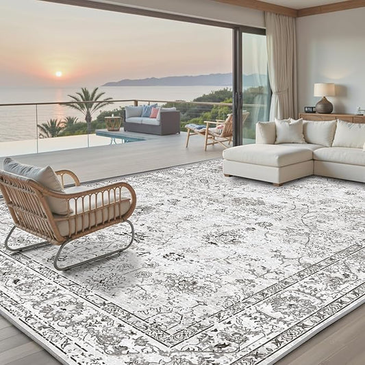 Grey White Area Rugs 10x14 for Living Room, Non Slip Machine Washable Floral Rugs, Low Pile Lightweight Large Rug for Bedroom, Dining Room, Home Office