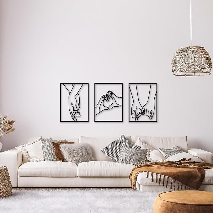 EDCIJB 3 Pcs Minimalist Heart Hands Black Metal Wall Decor Single Line Wall Art Abstract Metal Wall Art Decor for Bedroom Livingroom,Bathroom,Decor for Couples