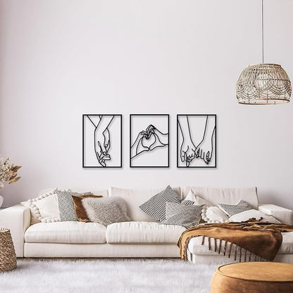 EDCIJB 3 Pcs Minimalist Heart Hands Black Metal Wall Decor Single Line Wall Art Abstract Metal Wall Art Decor for Bedroom Livingroom,Bathroom,Decor for Couples