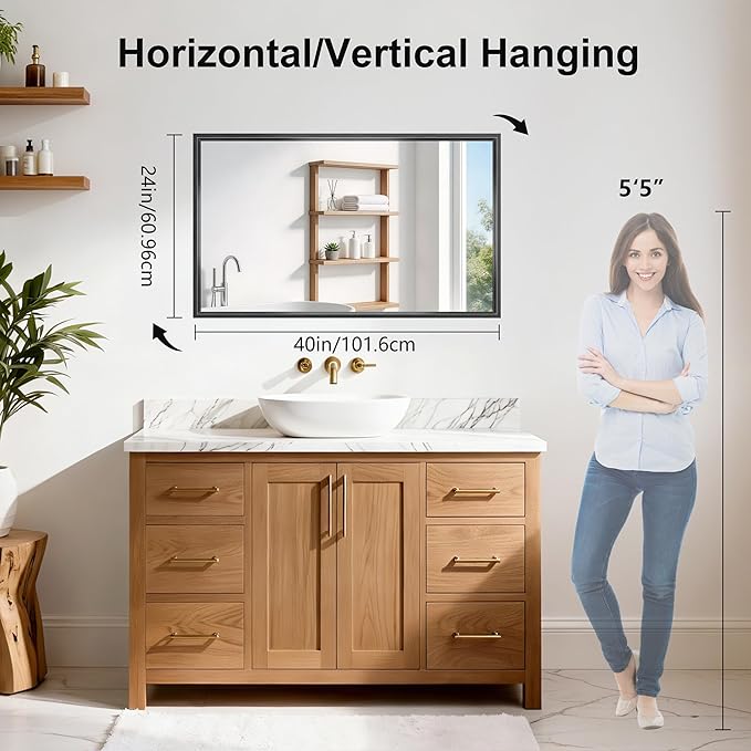 Black Framed Mirror 24"x40", Brushed Black Bathroom Mirrors for Over Sink, 0.6" Thickened Deep Frame Rectangle Mirrors for Wall, Shatterproof Tempered Glass, Antirust, Horizontally/Vertically