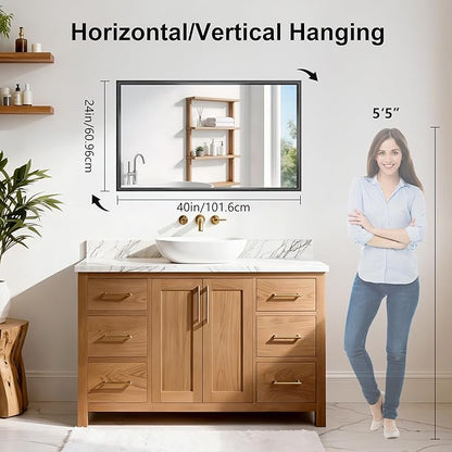 Black Framed Mirror 24"x40", Brushed Black Bathroom Mirrors for Over Sink, 0.6" Thickened Deep Frame Rectangle Mirrors for Wall, Shatterproof Tempered Glass, Antirust, Horizontally/Vertically